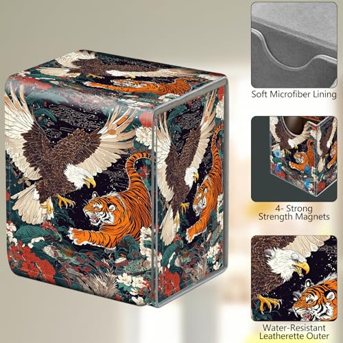 Card Deck Box, Card Storage Box Fits 100+ Single Sleeved Cards, Large Capacity PU Leather Card Storage Box with Strong Magnet for Magic Commander TCG/CCG, Eagle And Tiger - color: Eagle And Tiger