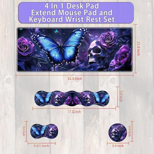 Large Gaming Mouse Pad Set with Wrist Support – 31.5" x 11.8" 4-in-1 XXL Mousepad with Keyboard Wrist Rest, Mouse Wrist Rest & Coaster – Ergonomic Desk Mat for Office, Home – Blue Butterfly Skull - color: Blue Butterfly Skull