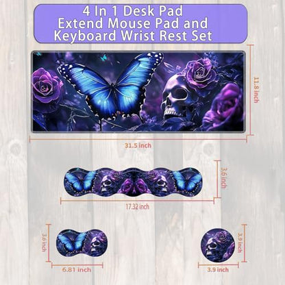 Large Gaming Mouse Pad Set with Wrist Support – 31.5" x 11.8" 4-in-1 XXL Mousepad with Keyboard Wrist Rest, Mouse Wrist Rest & Coaster – Ergonomic Desk Mat for Office, Home – Blue Butterfly Skull - color: Blue Butterfly Skull