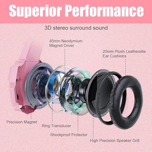BENGOO G9000 Professional Gaming Headset for PS4, PC, Xbox One Controller, Noise Cancelling Over Ear Headphones with Mic, LED Light, Bass Surround, Soft Memory Earmuffs for Laptop - Pink - color: Pink