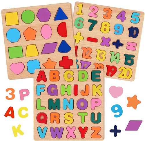 Attmu Wooden Puzzles for Toddlers, 3 Pcs Alphabet Puzzle ABC Shape Number Puzzle, Learning Toys for Kids, Preschool Educational Activities Toddler Gift Toys for Girls Boys Christmas Valentines Easter - size: 3 PCS