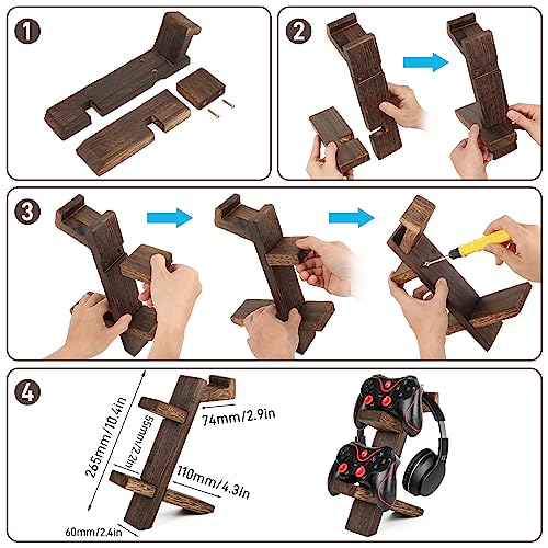Wooden Game Controller Holder Headset Stand 2-Tier Universal Controller Gaming PC Accessories Storage Rack Headphone Stand for Xbox Series PS5 PS4