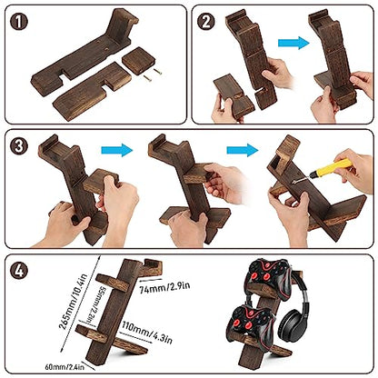 Wooden Game Controller Holder Headset Stand 2-Tier Universal Controller Gaming PC Accessories Storage Rack Headphone Stand for Xbox Series PS5 PS4