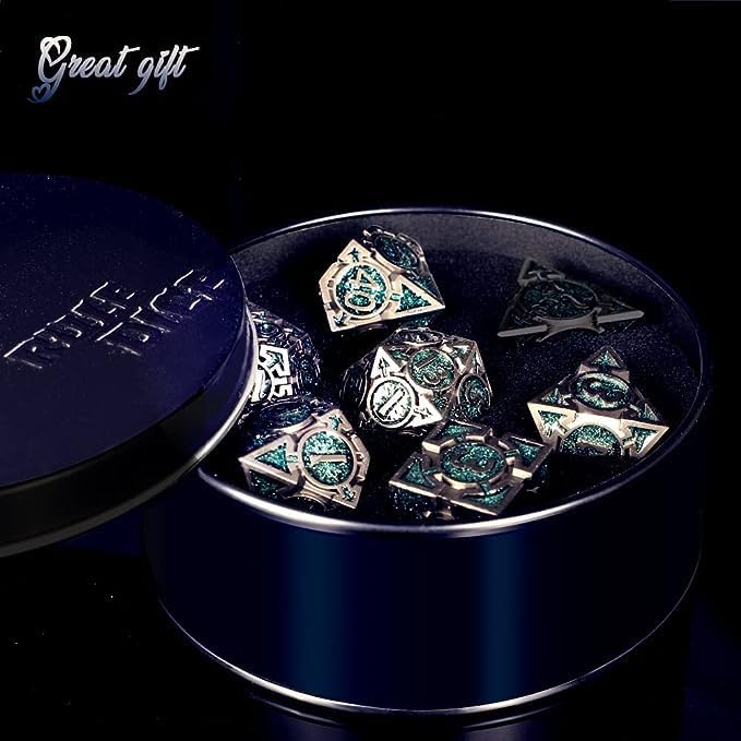 RULE DICE DND Metal Dice Set, D&D Dungeons and Dragons Dice, D and D Dice Set Large Weighted 7 die Metal, RPG MTG Role Playing Polyhedral Dice Set with D & D Dice Gifts Box(Green) - color: A-light Blue