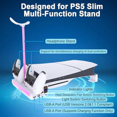 Slim/Pro Horizontal Stand with Cooling Fan and P5 Controller Charger Compatible with 5 Console,Cooling Station with RGB Light Dual Controller Charging and Headphone Storage