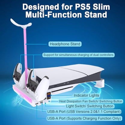 Slim/Pro Horizontal Stand with Cooling Fan and P5 Controller Charger Compatible with 5 Console,Cooling Station with RGB Light Dual Controller Charging and Headphone Storage