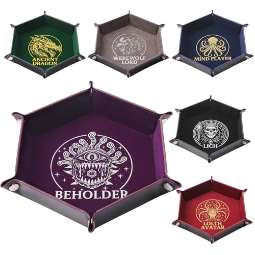 Grajar 6 Pcs DND Dice Tray with Vintage Boss Pattern for RPG D&D Table Games - Folding PU Leather and Velvet Rolling Holder Storage Box - color: Vintage Boss
