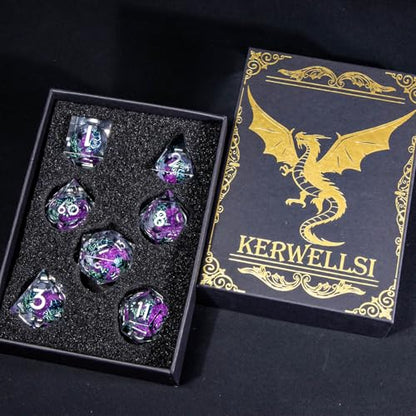 KERWELLSI Cat Liquid Core DND Dice Set with Gift Box, 7Pcs Resin Dungeons Sharp Edge D&D Dice, Dragons D and D Role Playing Dice D20 D12 D10 D8 D6 D4, Purple and Light Green Cat - color: Purple and Light Green Cat