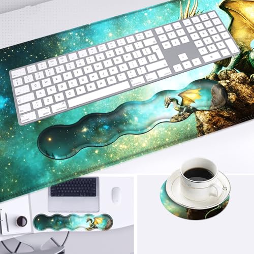 Large Mouse Pad and Keyboard Wrist Rest, Desk Pad for Keyboard and Mouse, 4-in-1 Large Gaming Mouse Pad with Wrist Support, Desk Mat for Home Office Study Game,Cute Green Dragon - color: Cute Green Dragon
