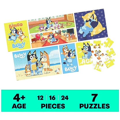 Spin Master Games Bluey 7-Pack Wooden Puzzles with Storage Tray for Kids | Includes 7 Wooden Puzzles, Screen-Free Activity, Develops Fine Motor Skills & Dexterity, Features Bluey & Family, Ages 4+