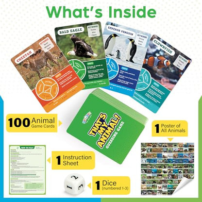 BenBen Guess the Animal in 10 Clues Card Games for Kids & Family, 100 Cards | Animal Trivia Game for Travel, Classroom, Camping, Party, Car, Airplane, Road Trip Activities for Boys Girls Ages 5+