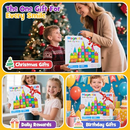 Premium Magnetic Tiles 100pcs: Durable STEM Building Blocks Kids 3-8 | Iron case with handle, lid as play base. 7.5cm tiles, sealed, ASTM & CPSIA safe. Montessori STEM for preschool. Gift 3-8 - size: 100 PCS