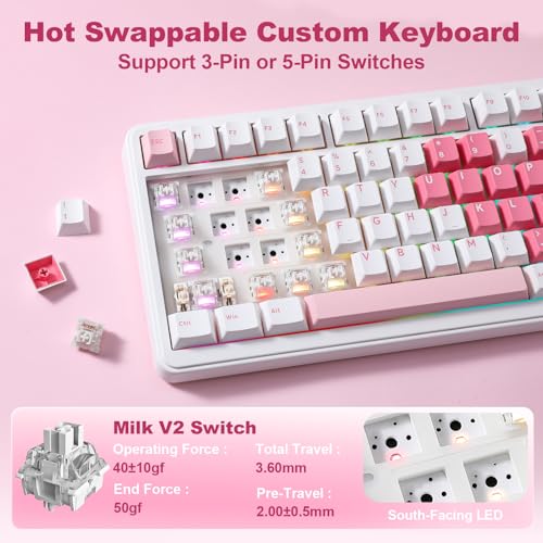 YUNZII B75 PRO MAX QMK/VIA Wireless Mechanical Keyboard | 75% Layout with Screen and Knob, Custom Hot Swap, Gasket, Creamy Switches, for Win/Mac (White Heart,Milk V2 Switch) - color: White Heart, size: Milk V2 Switch