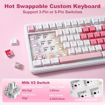 YUNZII B75 PRO MAX QMK/VIA Wireless Mechanical Keyboard | 75% Layout with Screen and Knob, Custom Hot Swap, Gasket, Creamy Switches, for Win/Mac (White Heart,Milk V2 Switch) - color: White Heart, size: Milk V2 Switch