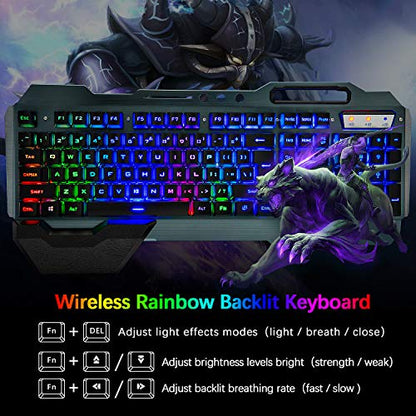 Wireless Gaming Keyboard and Mouse,Rainbow Backlit Rechargeable Keyboard Mouse with 3800mAh Battery Metal Panel,Removable Hand Rest Mechanical Feel Keyboard and 7 Color Gaming Mute Mice for PC Gamers - color: Black Rainbow