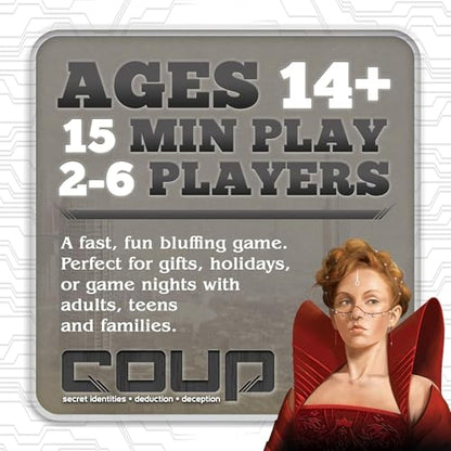Coup Card Game by Indie Boards & Cards | Fast Bluffing and Social Deduction Strategy | Hidden Roles, Deception, and Player Interaction | Quick 15-Minute Game for 2–6 Players | Adults, Teens, Families - style: Coup (Base Game)