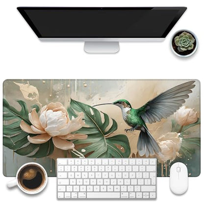 Desk Pad, Elegant Hummingbird Desk Mat, Oil Painting Flowers and Leaves Large Gaming Mouse Pad, 31.5"x15.7" Extended Big Computer Mouse Pad with Non-Slip Base and Stitched Edge - color: Elegant Hummingbird