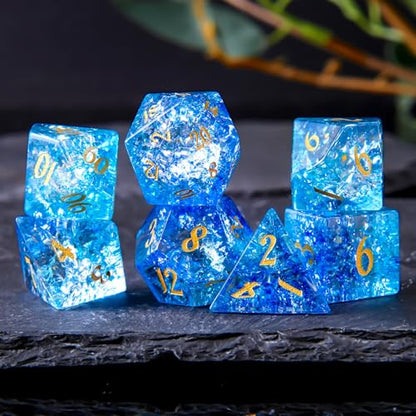 Crack Blue Green Glass Crystal DND Dice Set 7 PCS Gemstone Suitable for Dungeons and Dragons RPG Games - color: Crack-blue Green Glass