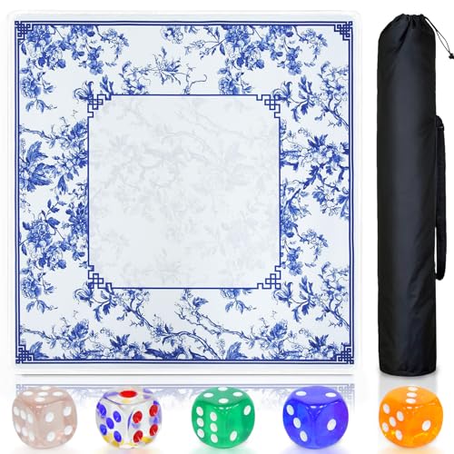 Blue Mahjong Mat with Rules, Mahjong Table Mat for Mahjong, 31.5x31.5 Inch | Mah Jong Mat with Non-Slip Base, Noise-Reducing, Mahjong Mat for Table Ideal for Mahjong, Poker, Dominoes - style: Blue & white porcelain