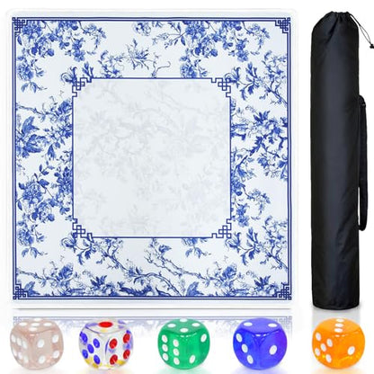 Blue Mahjong Mat with Rules, Mahjong Table Mat for Mahjong, 31.5x31.5 Inch | Mah Jong Mat with Non-Slip Base, Noise-Reducing, Mahjong Mat for Table Ideal for Mahjong, Poker, Dominoes - style: Blue & white porcelain