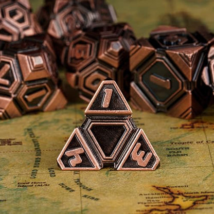 Metal UFO Dice Set, 7 Die Metal Polyhedral Dice Set for DND Dungeons and Dragons Role Playing Games,with Skull Bag.(Ancient Red Copper) - color: Ancient Red Copper
