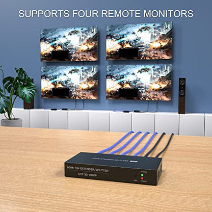 HDMI Extender Splitter 1x4 1080P@60Hz Over Cat 5E/6/7 Ethernet Cable 165ft | Support EDID Copy POC Function (1 in 4 out), for Church, Classroom, Business Activity, Multi Video Displays - size: 1x4 1080P 165ft