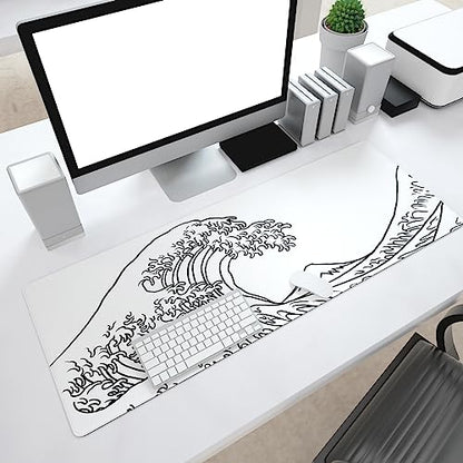 Ovenbird Gaming Mouse Pad with Stitched Edges, Japanese Wave White Extended XL Mousepad with Anti-Slip Base, Cool Large Mouse Pad for Desk, 31.5 x 11.8 in, White - color: Minimal Wave, size: Extended