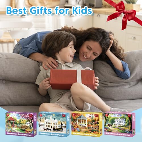 4 Pack 100 Piece Puzzles for Seniors, Four Seasons Jigsaw Puzzles | Elderly Large Piece Puzzle for Adults & Kids Ages 4-6 6-8 8-10, Easy Beginner Puzzle Family Educational Toy Gift - color: Seasons Scenery