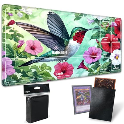 MTG Playmat with Zones, TCG Card Game Play Mat with Stitched Edges, Non-Slip Rubber Base Gaming Desk Mat, Smooth Surface 24 x 14 Inch, Hummingbird Flowers - color: Hummingbird Flowers, size: Zone 1
