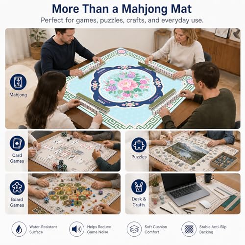 Peony Floral Mahjong Mat,Non Slip American Mah Jongg Table Mat | 32in soft neoprene mah jongg mat reduces tile noise protects tabletops & packs easily for game nights or a thoughtful gift - color: 016