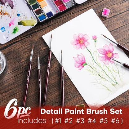 Professional Sable Hair Detail Paint Brush Set - 6 Miniature Art Brushes for Fine Detailing & Art Painting - Acrylic, Watercolor, Oil - Miniatures, Models, Red - color: Red