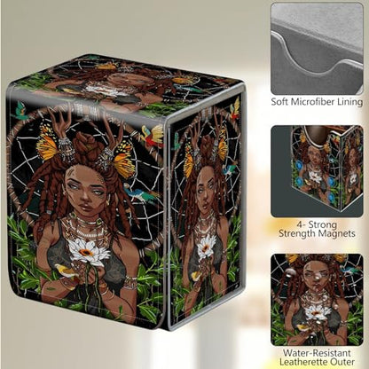 Card Deck Box, Card Storage Box Fits 100+ Single Sleeved Cards, Large Capacity PU Leather Card Storage Box with Strong Magnet for Magic Commander TCG CCG, African American Girl - color: African American Girl