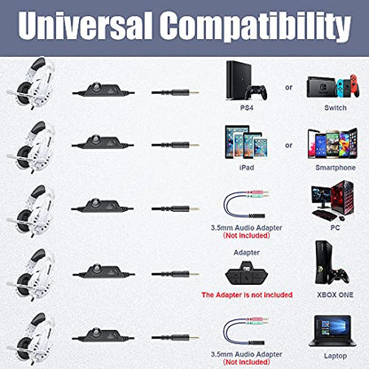 BENGOO Pro Gaming Headset for PS4 PS5 PC Xbox One Controller, Noise Cancelling Over Ear Headphones with Mic, LED Light, Bass Surround, Soft Memory Earmuffs for Laptop Mac - White - color: White