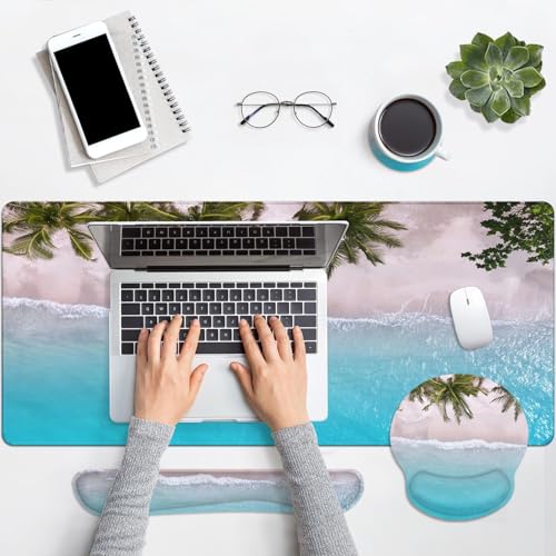 Britimes Blue Turquoise Ocean Keyboard Mouse Pad Set Beach Summer 4in1 Large Mousepad+Keyboard Wrist Rest+Mouse Wrist Rest+Coaster Ergonomic Design for Home Office Computer 35.4x15.7 inches - color: Blue Turquoise Ocean