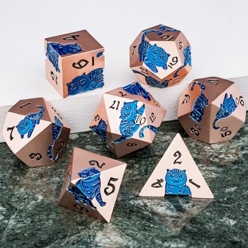 Metal DND Cat Dice 7PCS Polyhedral RPG Dice Set with Gift Case for Dungeons Dragons Role Playing Game, D and D Dice D6 D8 D10 D12 D20 D% (Copper Blue) - color: Cat-copper Blue