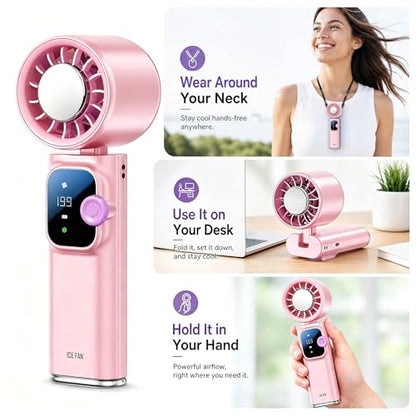 Portable Handheld Fan with Ice Cooling Personal Rechargeable Mini Neck Fan | 20000RPM,199-Speed 4000mAh Battery Powered up to 15hrs with LED Display for Travel, Camping & Outdoor, Pink - color: Pink
