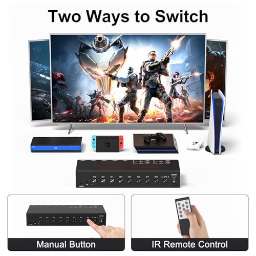 8 in to 1 Out RCA/HDMI Switcher，4 Way HDMI 2.0 + 4 RCA to HDMI Converter，4:3/16:9 Switcher Support 4K and 3D for PS1/2/3/4/5, N64, SNES, Switch, DVD, Roku, Fire Stick，etc. - color: 8 in to 1 Out RCA/HDMI Switcher