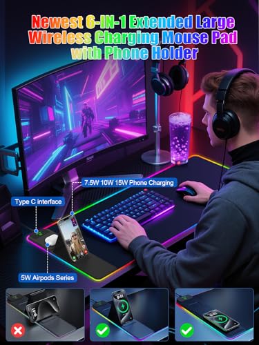 Mouse Pad with Foldable Phone Holder & Wireless Charger, XXL RGB Gaming Mousepad 31.5"x15.8" Large Desk Mat for Keyboard, Black Desk Pad with Dual Qi Charging Station | 11 Colors 5 Modes | Waterproof - color: 31.5x15.75"Phone Stand-Black Upgraded