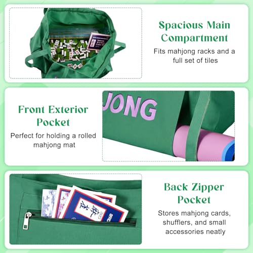 Abbylike 28x9 Inches Mahjong Bag for Rolled Mat Tiles Racks Pushers Accessories Empty Mahjong Tote Bag with Zipper Closure Outer Pockets Lining Large Capacity(Green,Canvas) - color: Green