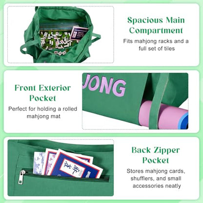 Abbylike 28x9 Inches Mahjong Bag for Rolled Mat Tiles Racks Pushers Accessories Empty Mahjong Tote Bag with Zipper Closure Outer Pockets Lining Large Capacity(Green,Canvas) - color: Green