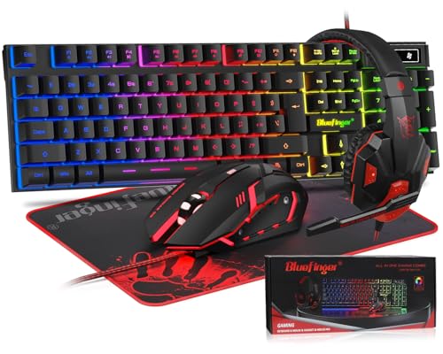 BlueFinger RGB Gaming Keyboard and Backlit Mouse and Headset Combo, USB Wired Backlit Keyboard, LED Gaming Mouse Set, Headset with Microphone for Laptop PC Computer Game and Work - color: Black