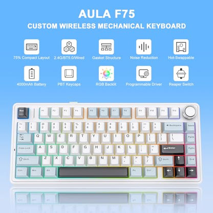 Aula F75 Wireless Mechanical Keyboard, 75% Hot Swappable Custom Gaming Keyboard with Knob,BT5.0/2.4GHz/USB-C,RGB Backlit,Pre-lubed Reaper Switches, Mechanical Gaming Keyboards (Glacier Blue) - color: Glacier Blue