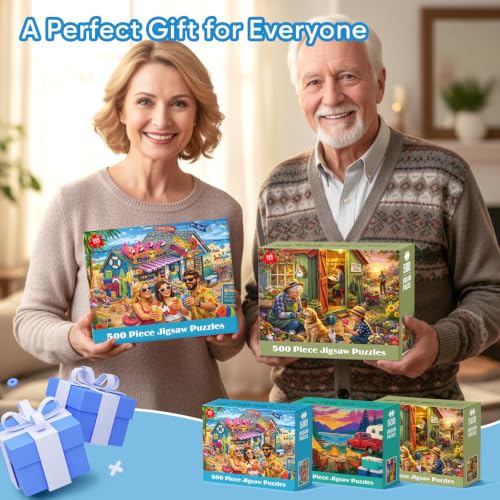3 Pack 500 Piece Puzzle for Adults Colorful Scenic Jigsaw Puzzle Set Village Beach Sunset Puzzles for Teens Seniors Landscape Puzzles with Letters on Back Relaxing Family Game Gift 20.5 x 15 Inch