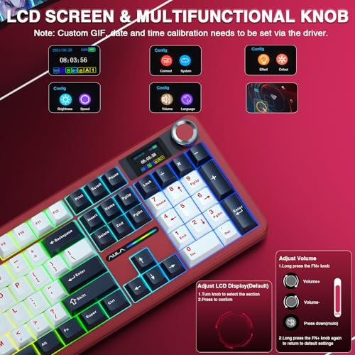 AULA F108 PRO - Wireless Mechanical Keyboard with Screen&Knob,Hot Swappable Gaming Keyboard with 8000mAh Battery,Pre-lubed Switches,RGB Backlit,PBT Keycaps Creamy Sounding Computer Keyboards,104 Keys - color: White&Red