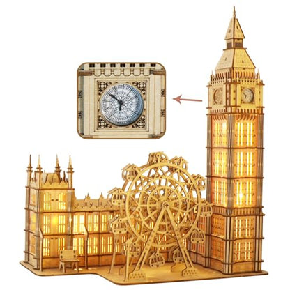Music Park 3D Wooden Puzzle, Big Ben with LED | Big Ben clock with LED night light and London Eye Ferris wheel. DIY model building kit. Home decor gift. - color: Big Ben