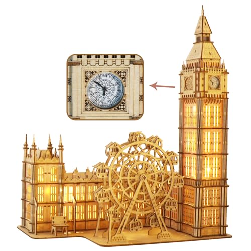 Music Park 3D Wooden Puzzle, Big Ben with LED | Big Ben clock with LED night light and London Eye Ferris wheel. DIY model building kit. Home decor gift. - color: Big Ben