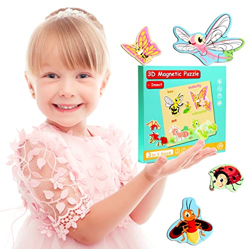 Magnetic Puzzles for Kids Ages 3-5, Travel Toddler Insect Puzzle Toy | Refrigerator Magnet Game for Ages 4-6, Learning & Birthday Gift for Boys, Car & Airplane Road Trip Quiet-Time Activity Toys - style: Insect