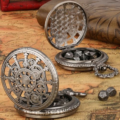 Hollow Gear Pocket Watch Dice Set, DND Metal Dice Set for RPG, Mini DND Dice for Board Game, DND Gifts with Leather Bag, Tabletop Games Accessory, Xmas Stocking Stuffer, Dark Silver - color: Dark Silver
