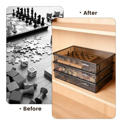 Board Game Storage, 3 Pack Stackable Board Game Storage Box with Snap Tight Latch Lid, Plastic Case Bin for Games Puzzle Magazine A4 Paper Craft Hobby (Black) - color: Translucent Black