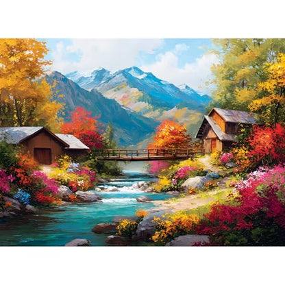 500 Piece Puzzles for Adults, Autumn Wooden Houses 500 Piece Puzzle, Beautiful Mountain Landscape Jigsaw Puzzle, Perfect for Family Game Night, Wall Decor, Gift for Adults, Seniors, 20.5 x 15 in - style: Mountain Stream